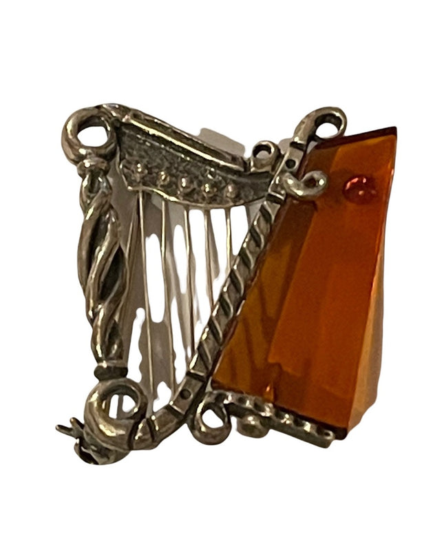 Antique silver & amber harp brooch celtic irish