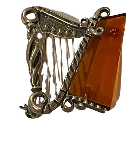 Antique silver & amber harp brooch celtic irish