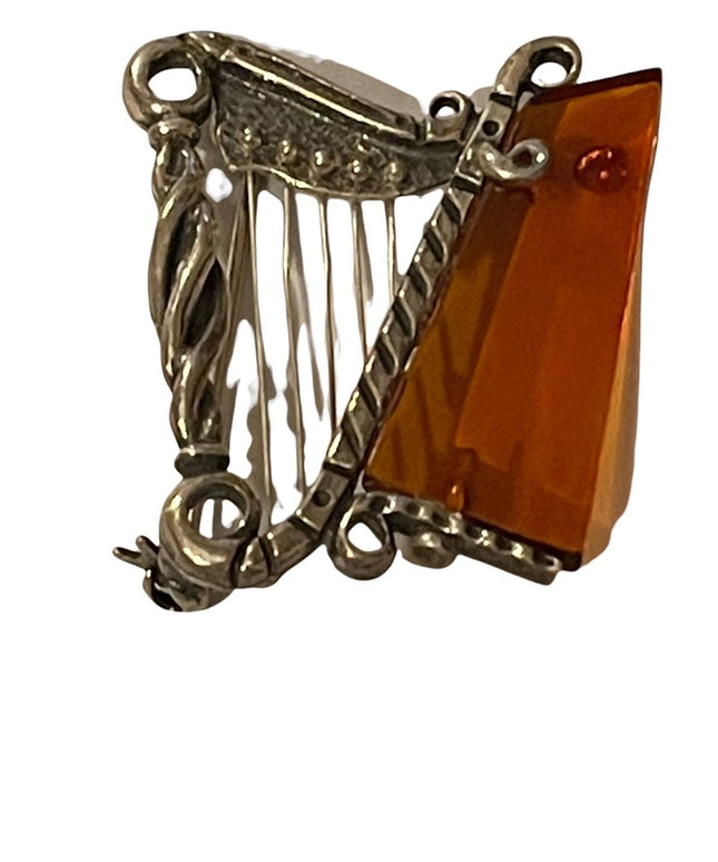 Antique silver & amber harp brooch celtic irish