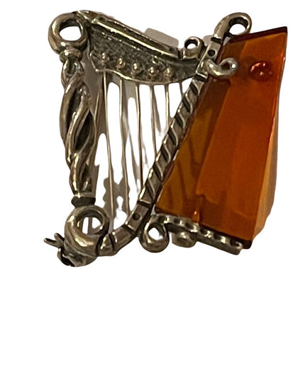 Antique silver & amber harp brooch celtic irish