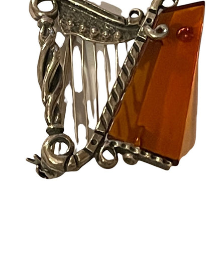 Antique silver & amber harp brooch celtic irish