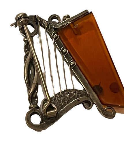 Antique silver & amber harp brooch celtic irish