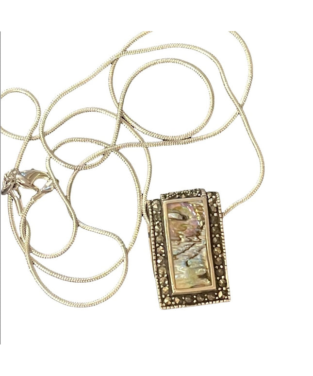 Vintage marcasite & abalone fancy sterling silver pendant & necklace chain