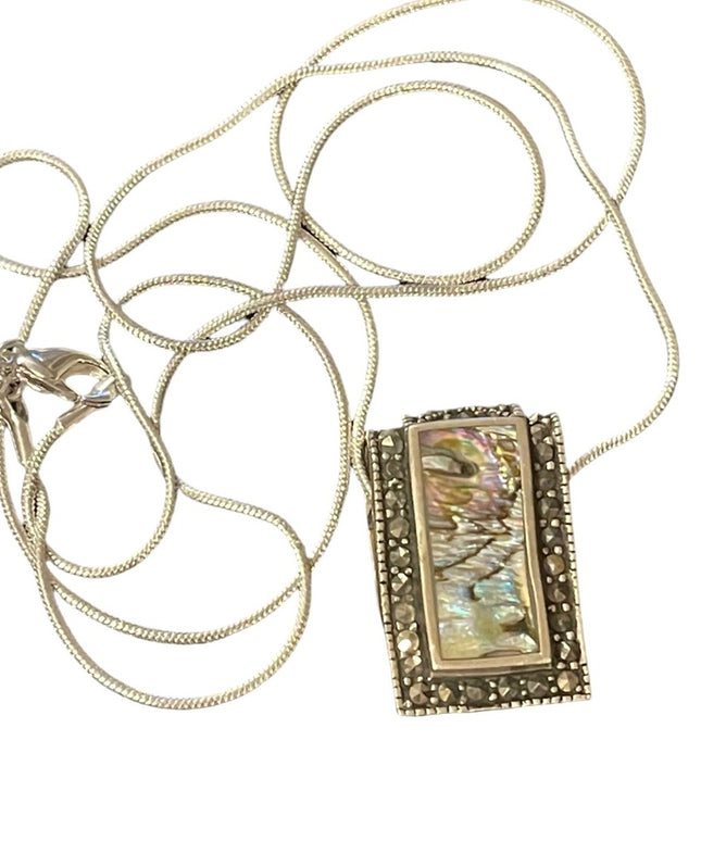 Vintage marcasite & abalone fancy sterling silver pendant & necklace chain