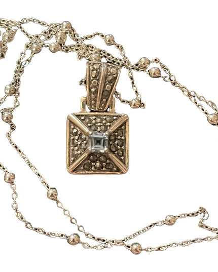 Sterling silver 925 blue stone marcasite square pendant on necklace