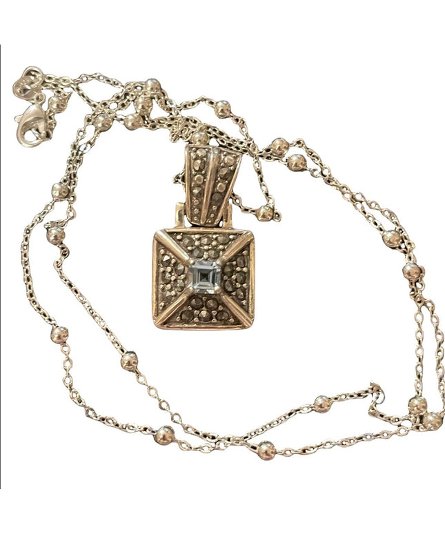 Sterling silver 925 blue stone marcasite square pendant on necklace