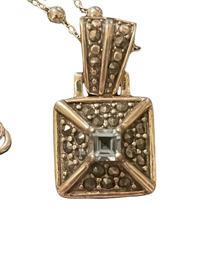 Sterling silver 925 blue stone marcasite square pendant on necklace