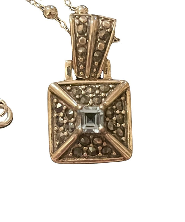 Sterling silver 925 blue stone marcasite square pendant on necklace
