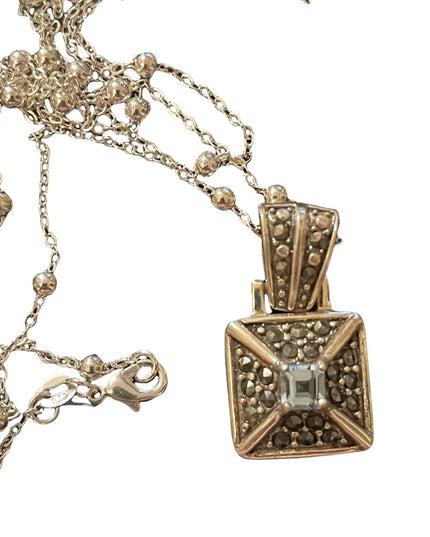 Sterling silver 925 blue stone marcasite square pendant on necklace