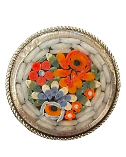 Vintage Italy micro mosaic round flower brooch