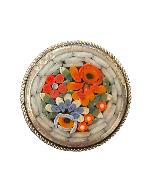 Vintage Italy micro mosaic round flower brooch