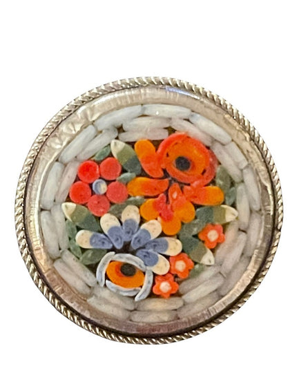 Vintage Italy micro mosaic round flower brooch