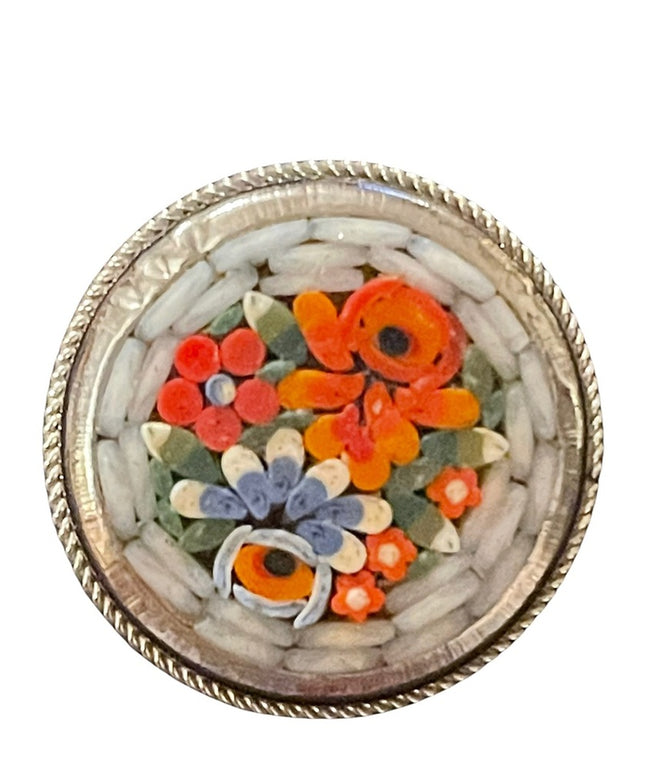 Vintage Italy micro mosaic round flower brooch