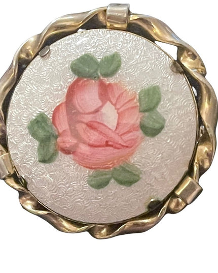 Vintage guilloche ceramic flower round brooch