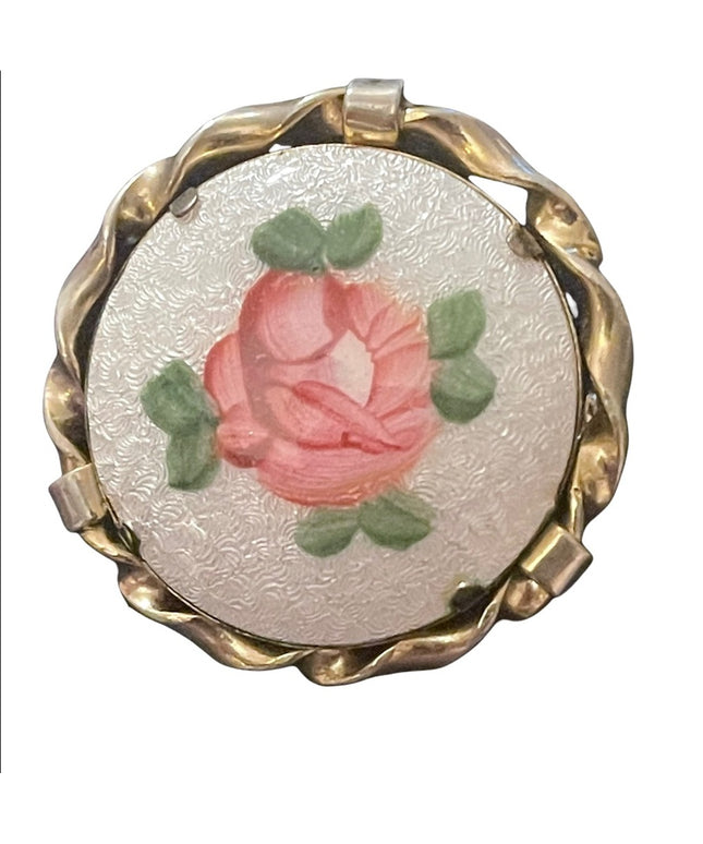 Vintage guilloche ceramic flower round brooch