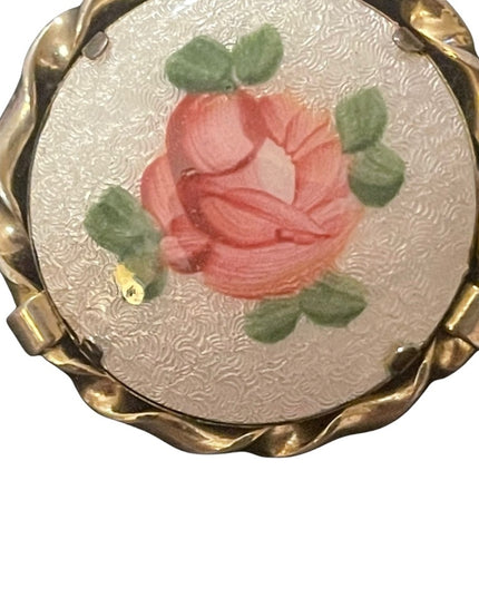 Vintage guilloche ceramic flower round brooch