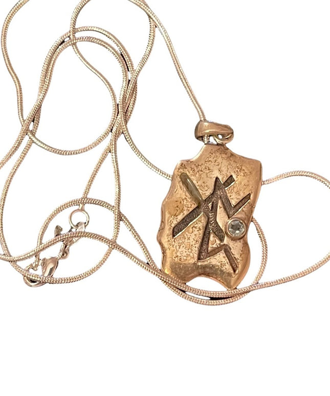 Vintage Peter stone sterling silver RUNE pendant necklace with blue topaz