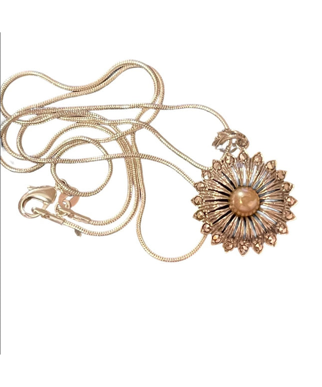Sterling silver 925  starburst faux pearl crystal pendant & snake chain necklace