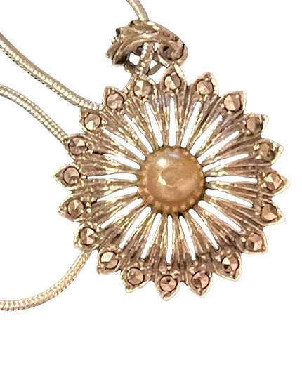 Sterling silver 925  starburst faux pearl crystal pendant & snake chain necklace
