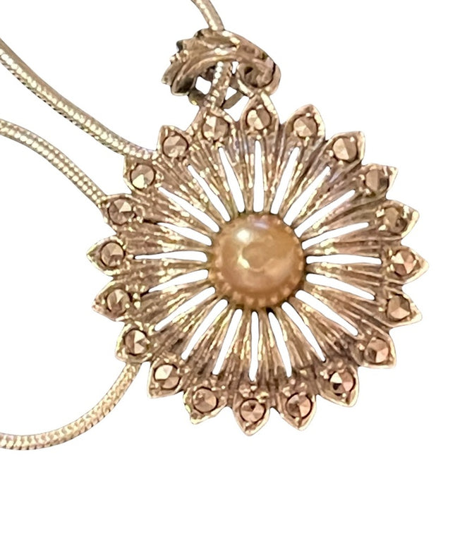 Sterling silver 925  starburst faux pearl crystal pendant & snake chain necklace