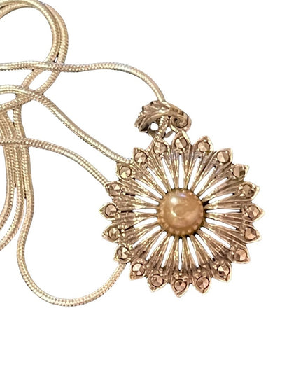 Sterling silver 925  starburst faux pearl crystal pendant & snake chain necklace