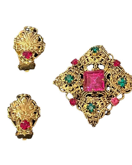 Vintage victorian revival gold filagree clip on earrings & fancy crystal brooch