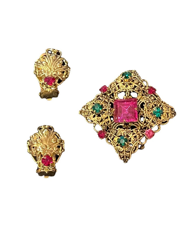 Vintage victorian revival gold filagree clip on earrings & fancy crystal brooch