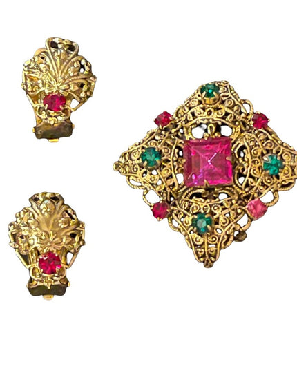 Vintage victorian revival gold filagree clip on earrings & fancy crystal brooch