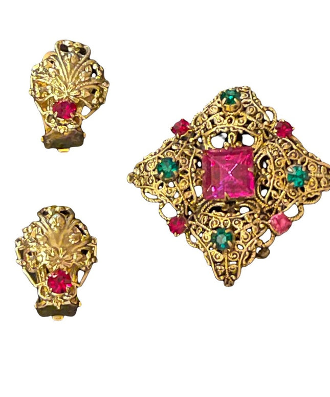 Vintage victorian revival gold filagree clip on earrings & fancy crystal brooch