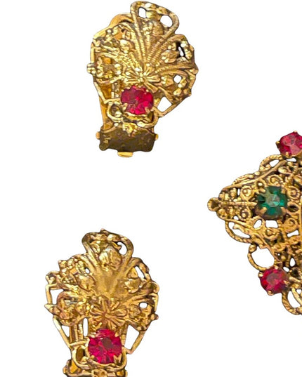 Vintage victorian revival gold filagree clip on earrings & fancy crystal brooch