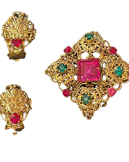 Vintage victorian revival gold filagree clip on earrings & fancy crystal brooch