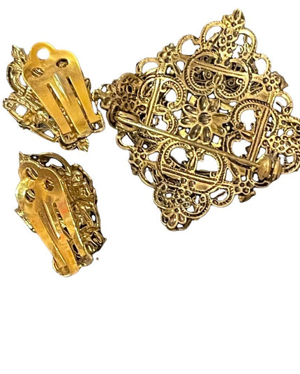 Vintage victorian revival gold filagree clip on earrings & fancy crystal brooch