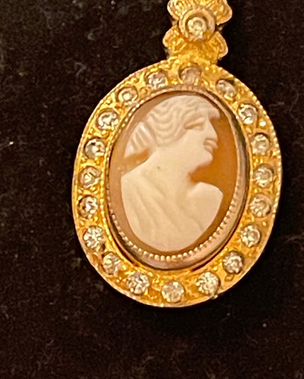 Vintage shell cameo pendant gold finish crystals