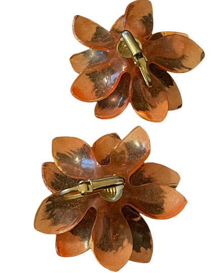 Vintage large orange plastic fancy flower clip on earrings