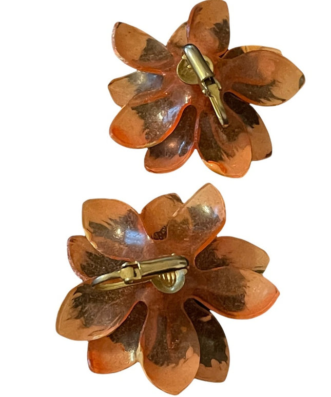 Vintage large orange plastic fancy flower clip on earrings