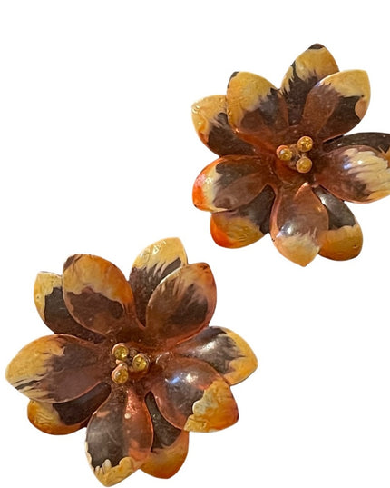 Vintage large orange plastic fancy flower clip on earrings