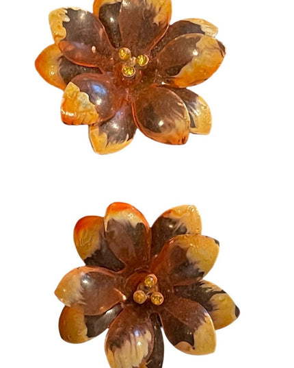 Vintage large orange plastic fancy flower clip on earrings