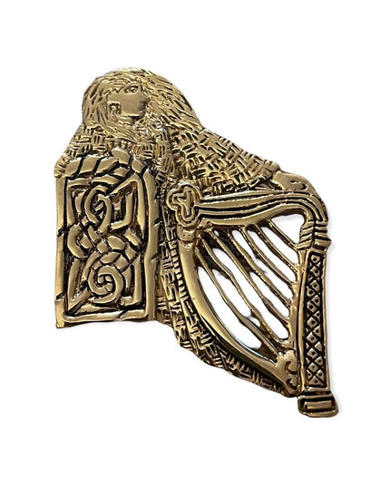 Vintage rose gold plated celtic irish lady playing harp symbol brooch artisan