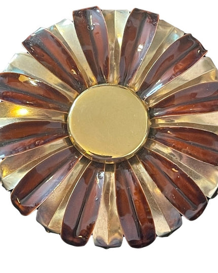 Vintage 1960s Gold metal with brown painted flower large brooch