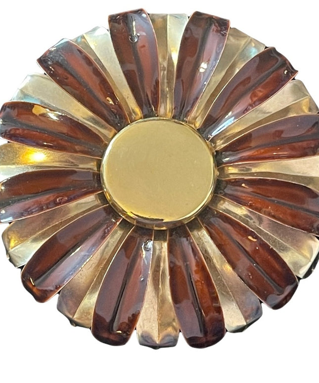 Vintage 1960s Gold metal with brown painted flower large brooch