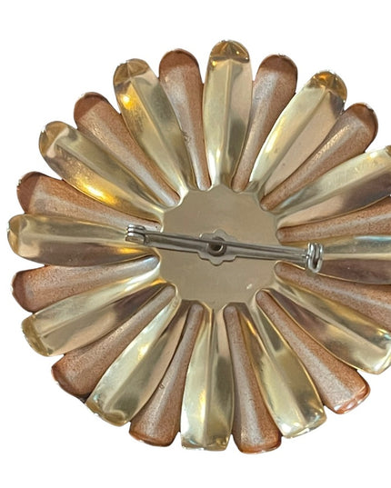 Vintage 1960s Gold metal with brown painted flower large brooch
