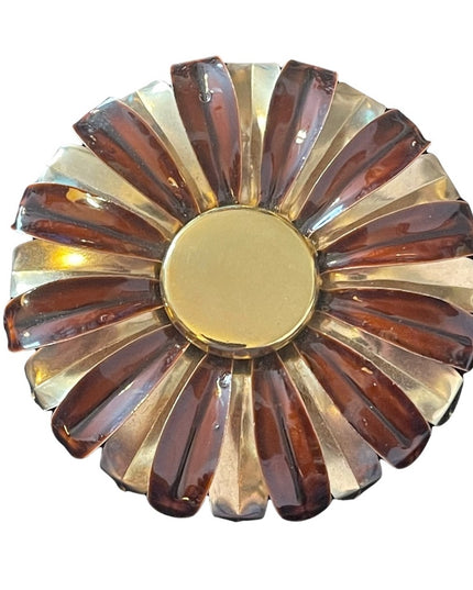 Vintage 1960s Gold metal with brown painted flower large brooch