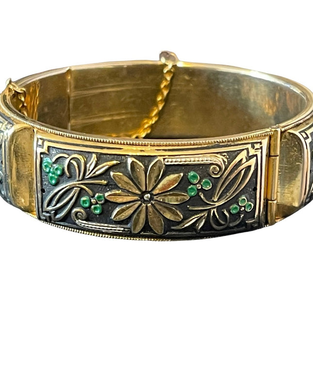 Vintage Damascene large chunky flower gold plated bangle