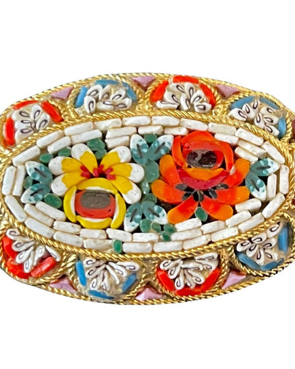 Vintage Italy Gold plated micro mosaic glass oval brooch