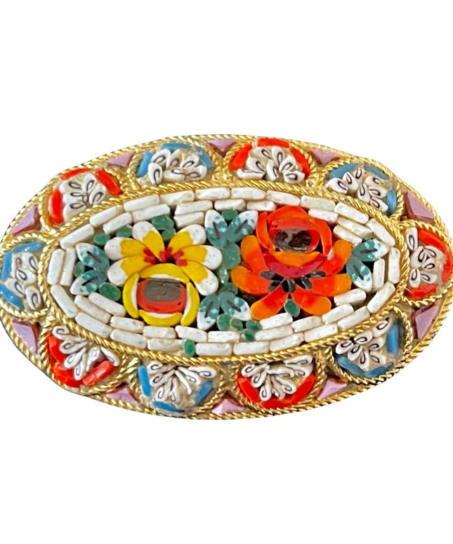 Vintage Italy Gold plated micro mosaic glass oval brooch
