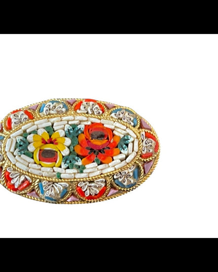 Vintage Italy Gold plated micro mosaic glass oval brooch