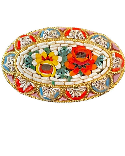 Vintage Italy Gold plated micro mosaic glass oval brooch