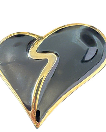 Gold finish black enamel fancy large heart brooch