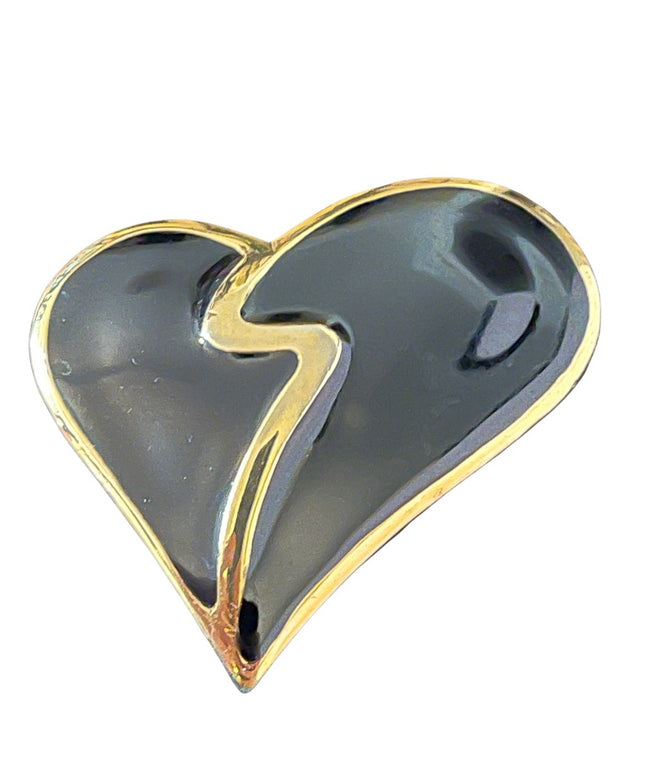 Gold finish black enamel fancy large heart brooch