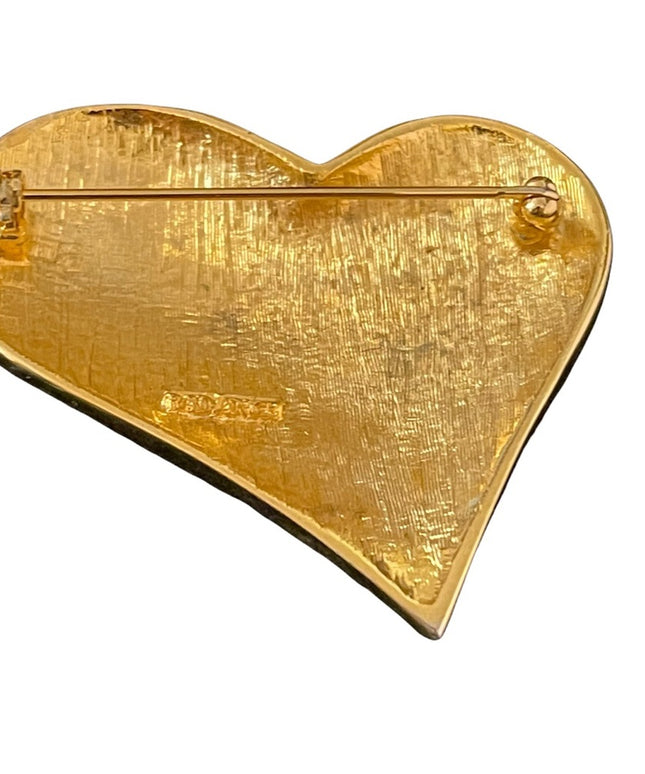 Gold finish black enamel fancy large heart brooch
